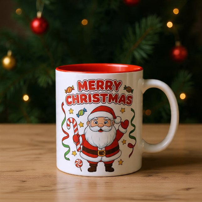 Christmas Cartoon Santa Candy Ribbons Two-Tone Coffee Mug (Creator Uploaded)
