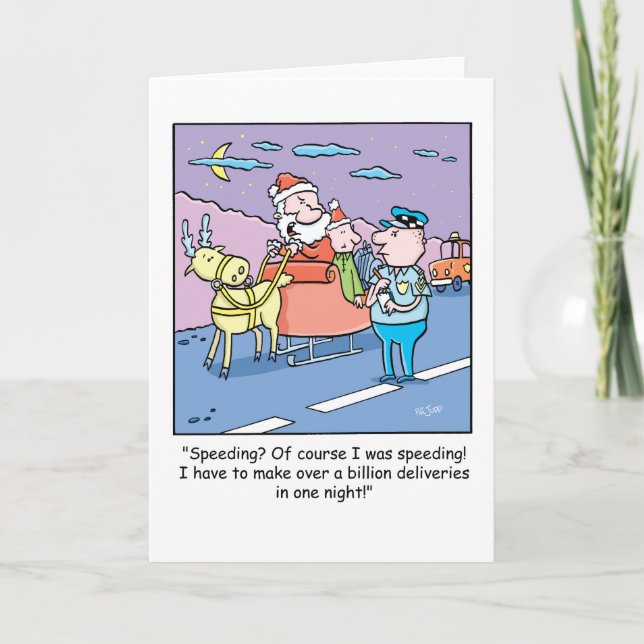 Christmas Cartoon Santa Caught Speeding Holiday Card (Front)