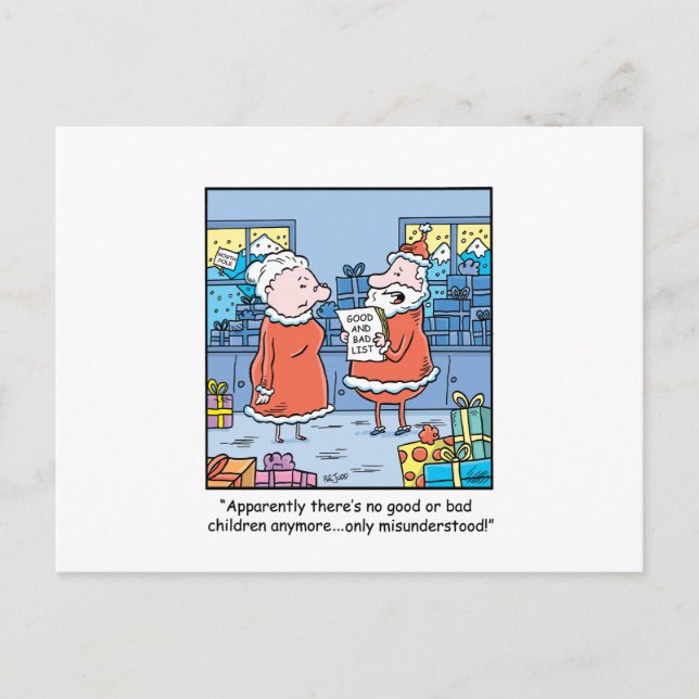 Christmas Cartoon Santas Good and Bad List Holiday Postcard (Front)