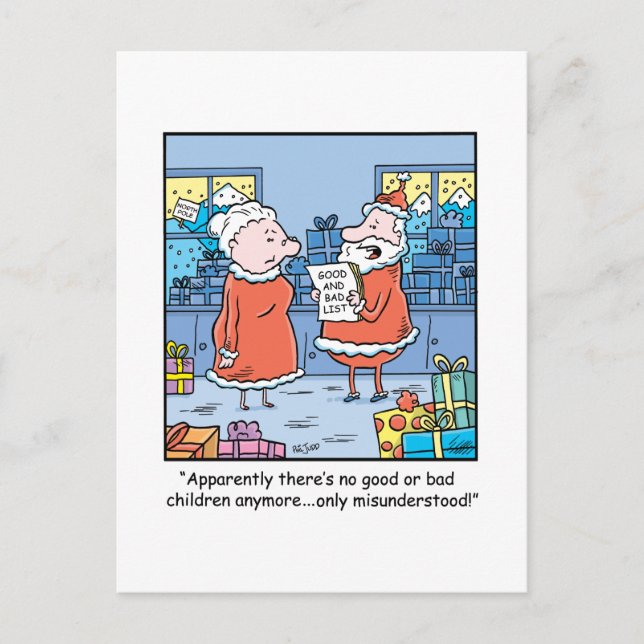 Christmas Cartoon Santas Good and Bad List Holiday Postcard (Front)