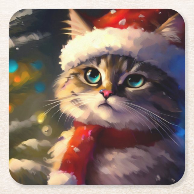 Christmas Cat 5 Square Paper Coaster (Front)