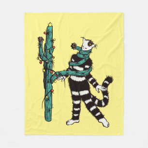 Christmas Cat And Cactus Weird Xmas Fleece Blanket