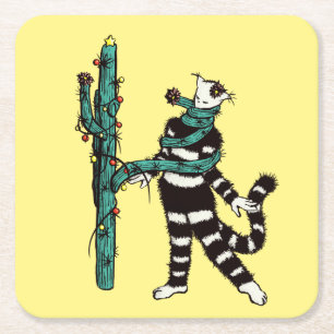 Christmas Cat And Cactus Weird Xmas Square Paper Coaster