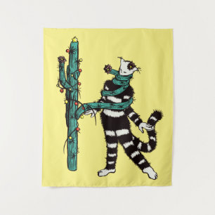 Christmas Cat And Cactus Weird Xmas Tapestry