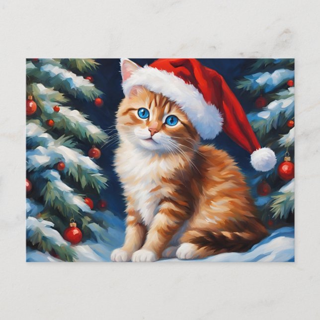 Christmas Cat and Christmas Tree  Holiday Postcard (Front)