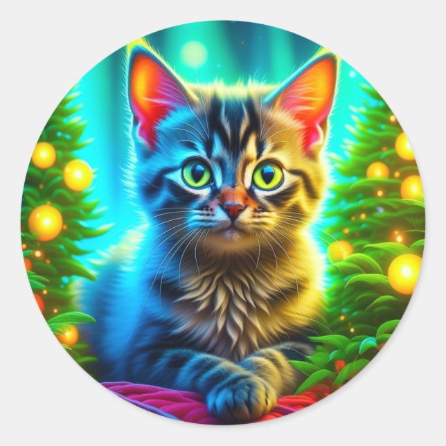 Christmas Cat and Christmas Tree Lights Classic Round Sticker (Front)