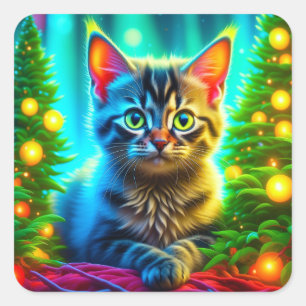 Christmas Cat and Christmas Tree Lights Square Sticker