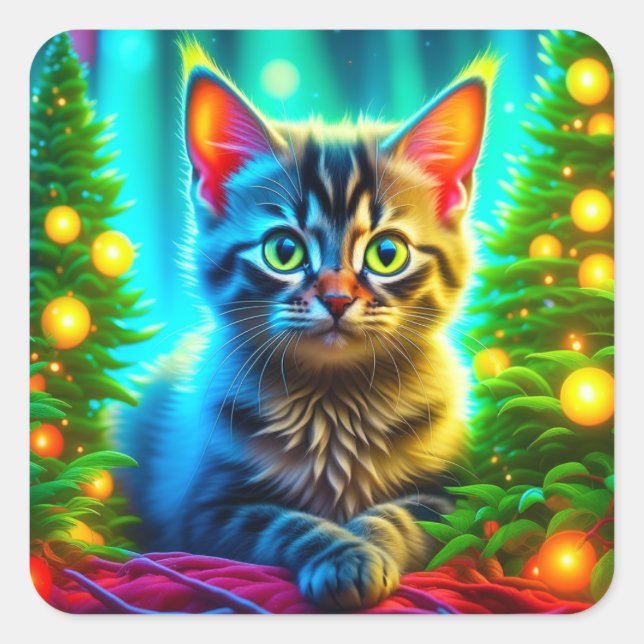 Christmas Cat and Christmas Tree Lights Square Sticker (Front)