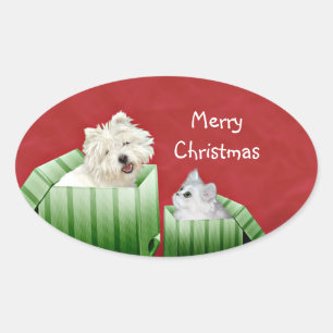 Christmas cat and dog oval sticker