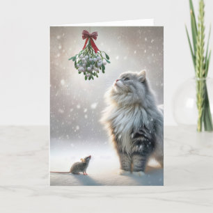 Christmas Cat and Mouse Under Mistletoe Holiday Card