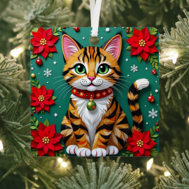 Christmas Cat and Poinsettias Festive Christmas Metal Tree Decoration (Insitu)
