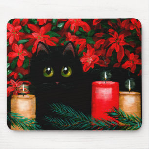 Christmas Cat Art Poinsettias Black Cat Mouse Mat