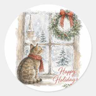 Christmas Cat at Window with Wreath Classic Round Sticker