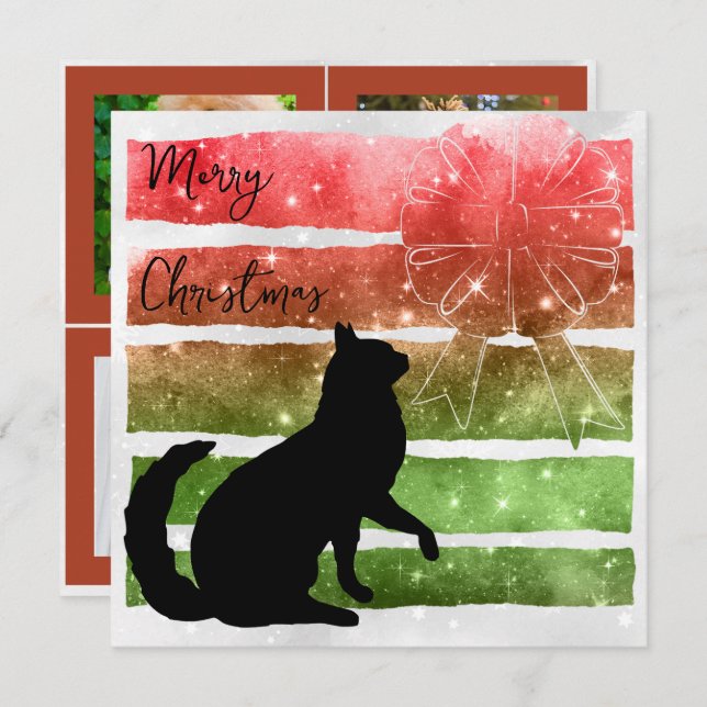 Christmas Cat, bands of sparkling red & green flat Holiday Card (Front/Back)