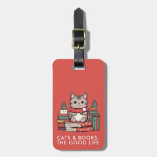 Christmas Cat Book Lover Red Luggage Tag