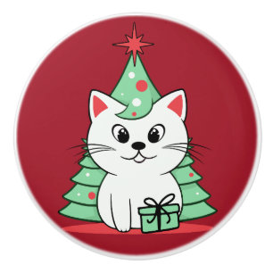 Christmas cat ceramic knob