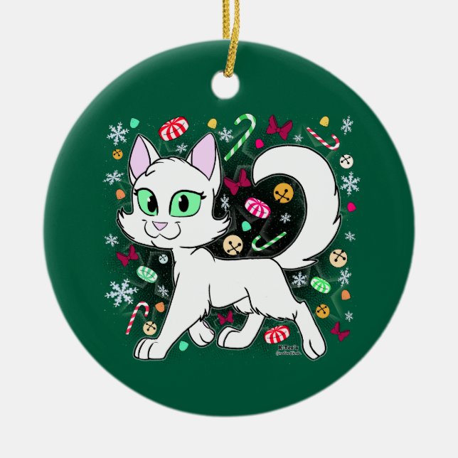 Christmas Cat Ceramic Ornament (Green) (Front)