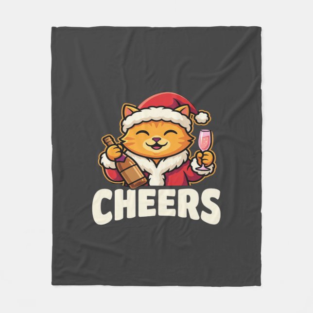 Christmas Cat Cheers Holiday Drinking Fleece Blanket (Front)