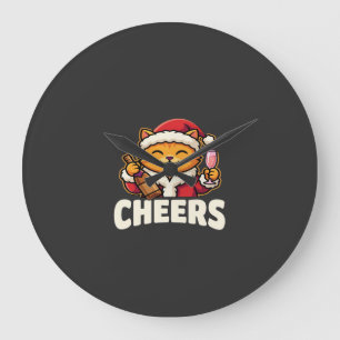 Christmas Cat Cheers Holiday Drinking Large Clock