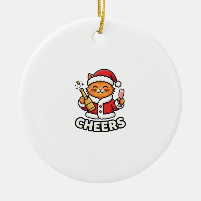 Christmas Cat Cheers Vector Design Ceramic Tree Decoration (Front)