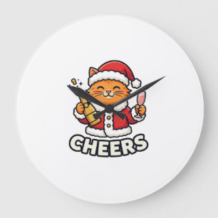 Christmas Cat Cheers Vector Design Large Clock