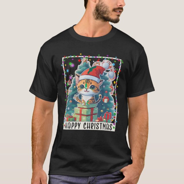 Christmas Cat Christmas Light Santa Hat for Boys a T-Shirt (Front)