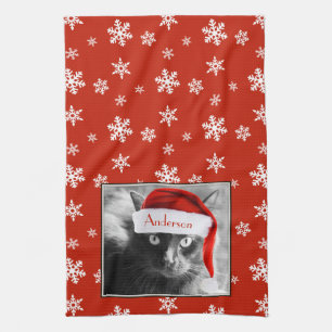 Christmas Cat, Customise with Name Tea Towel