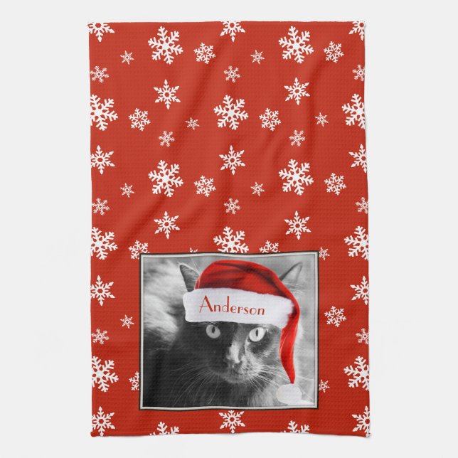 Christmas Cat, Customise with Name Tea Towel (Vertical)