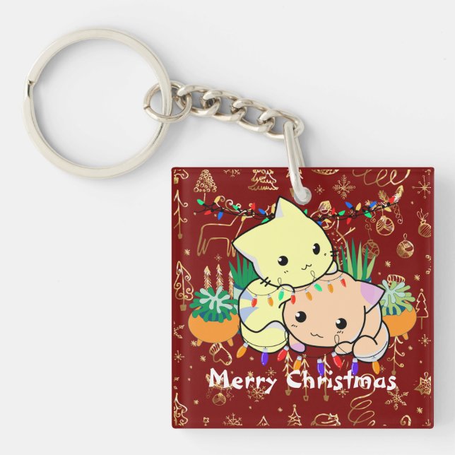 christmas cat cute, customise personalised text   key ring (Front)
