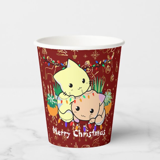 christmas cat cute, customise personalised text    paper cups (Front)