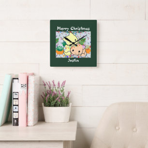 christmas cat cute, customise personalised text square wall clock