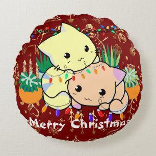 christmas cat cute, customize personalized text round cushion