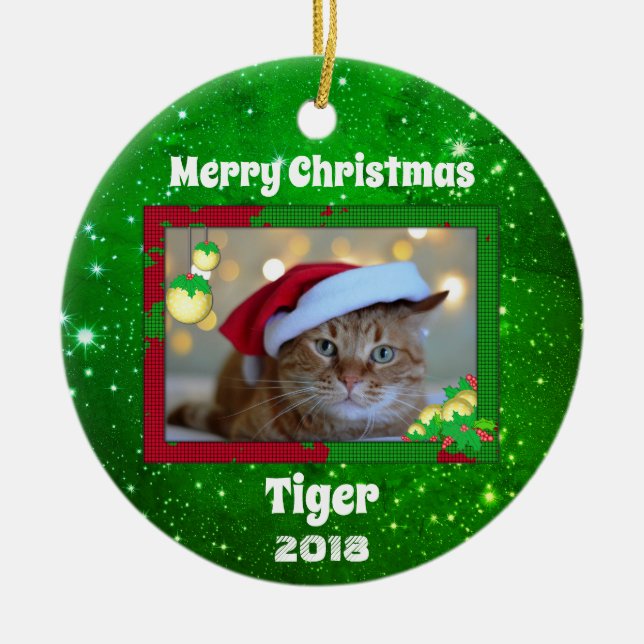 Christmas Cat Cute Pet Photo Ceramic Tree Decoration (Front)