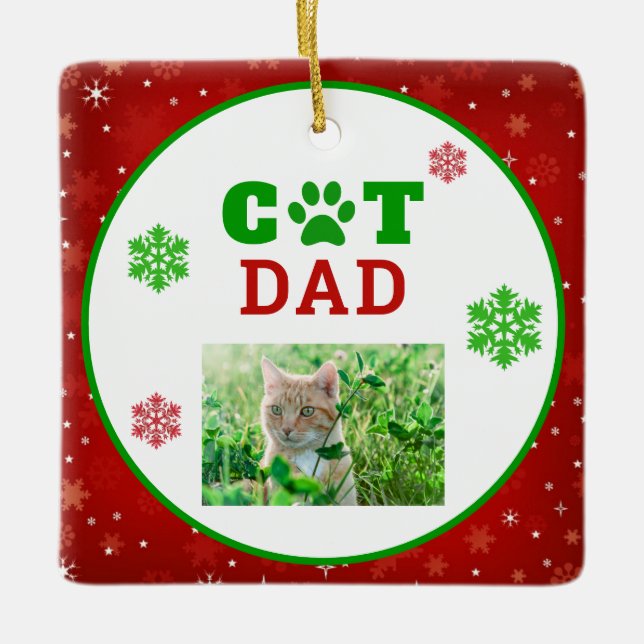 Christmas Cat Dad Paw Print Snowflake Photo Ceramic Ornament (Front)
