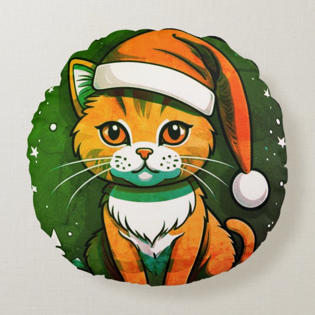 Christmas Cat Design: Cute & Festive Holiday Style Round Cushion (Front)