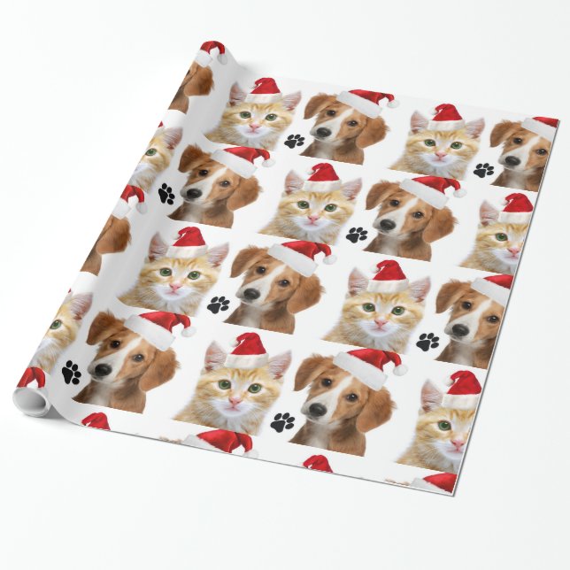 Christmas Cat Dog Cute Red White Xmas Holiday Wrapping Paper (Unrolled)