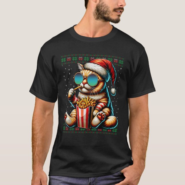 Christmas Cat Eating French Fries Ugly Christmas S T-Shirt (Front)