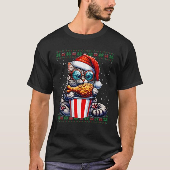 Christmas Cat Eating Fried Chicken Ugly Christmas  T-Shirt (Front)