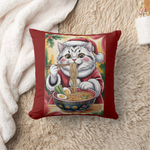 Christmas Cat Eating Ramen Holiday Cozy Cushion