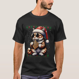 Christmas Cat Eating Waffles Ugly Christmas Sweate T-Shirt