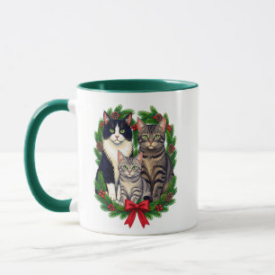 Christmas Cat Family with Evergreen Wreath Mug
