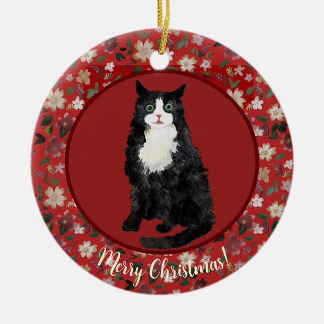 Christmas cat floral ceramic tree decoration (Front)