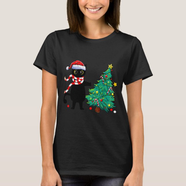 Christmas Cat For Women Men Family Funny Black Cat T-Shirt (Front)
