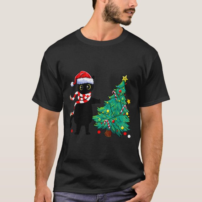 Christmas Cat For Women Men Family Funny Black Cat T-Shirt (Front)