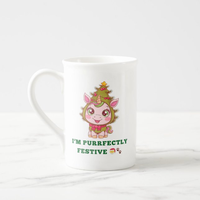 Christmas cat funny Christmas tree Bone China Mug (Left)