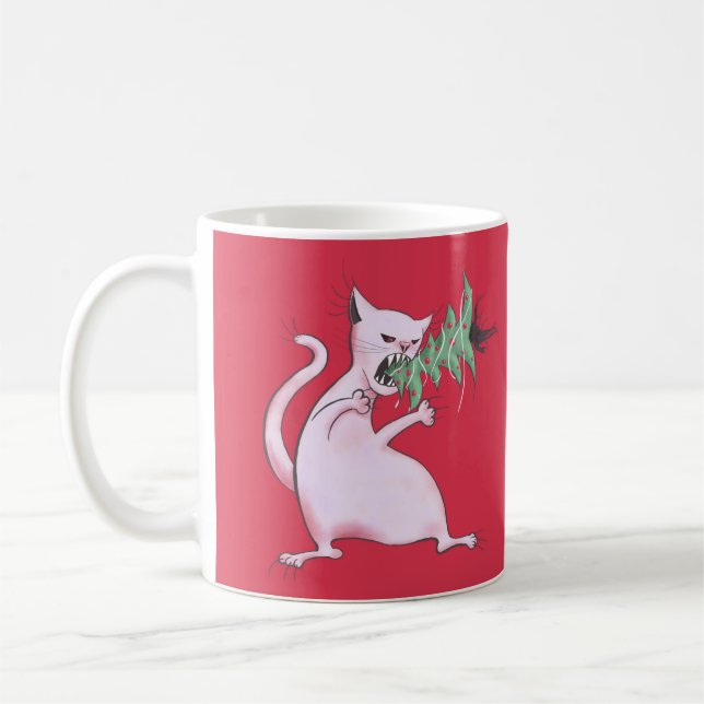 Christmas Cat Funny Evil Kitty Xmas Tree Coffee Mug (Left)