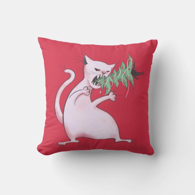 Christmas Cat Funny Evil Kitty Xmas Tree Cushion (Front)