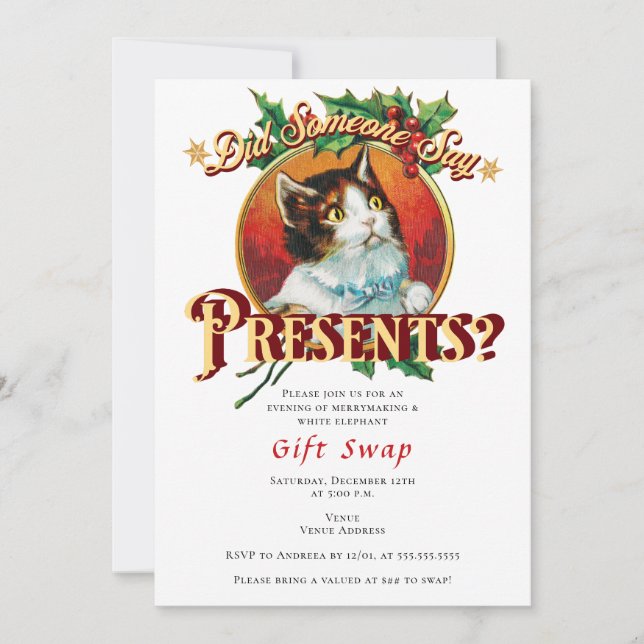 Christmas Cat Gift Swap Xmas Holiday Season Party Invitation (Front)