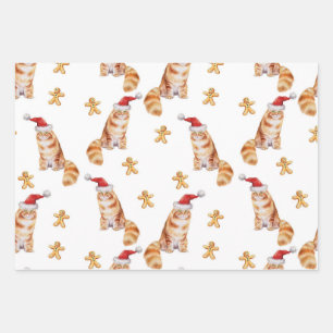 Christmas Cat & Ginger Bread, Men Women & Kids Wrapping Paper Sheet