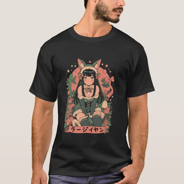 Christmas Cat Girl Anime Waifu Kawaii Japan Holida T-Shirt (Front)